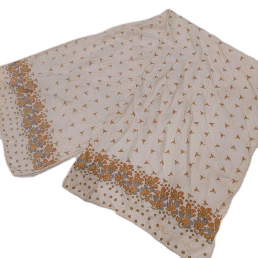 Anne Klein Beige Floral 100% Silk Rectangular Signed Hand Stitched Scarf 11.5x41